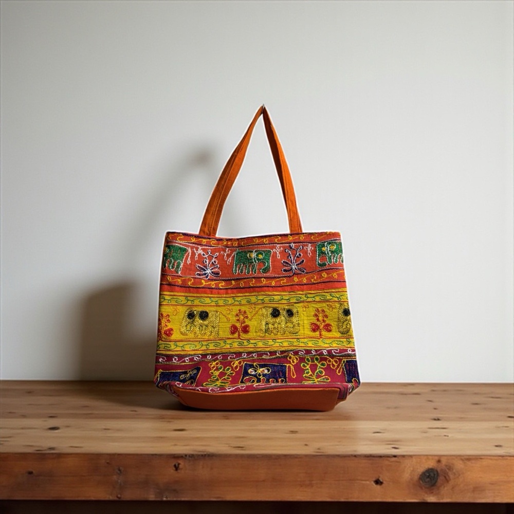 Multicolor Embroidered bohemian Tote Bag With elephants